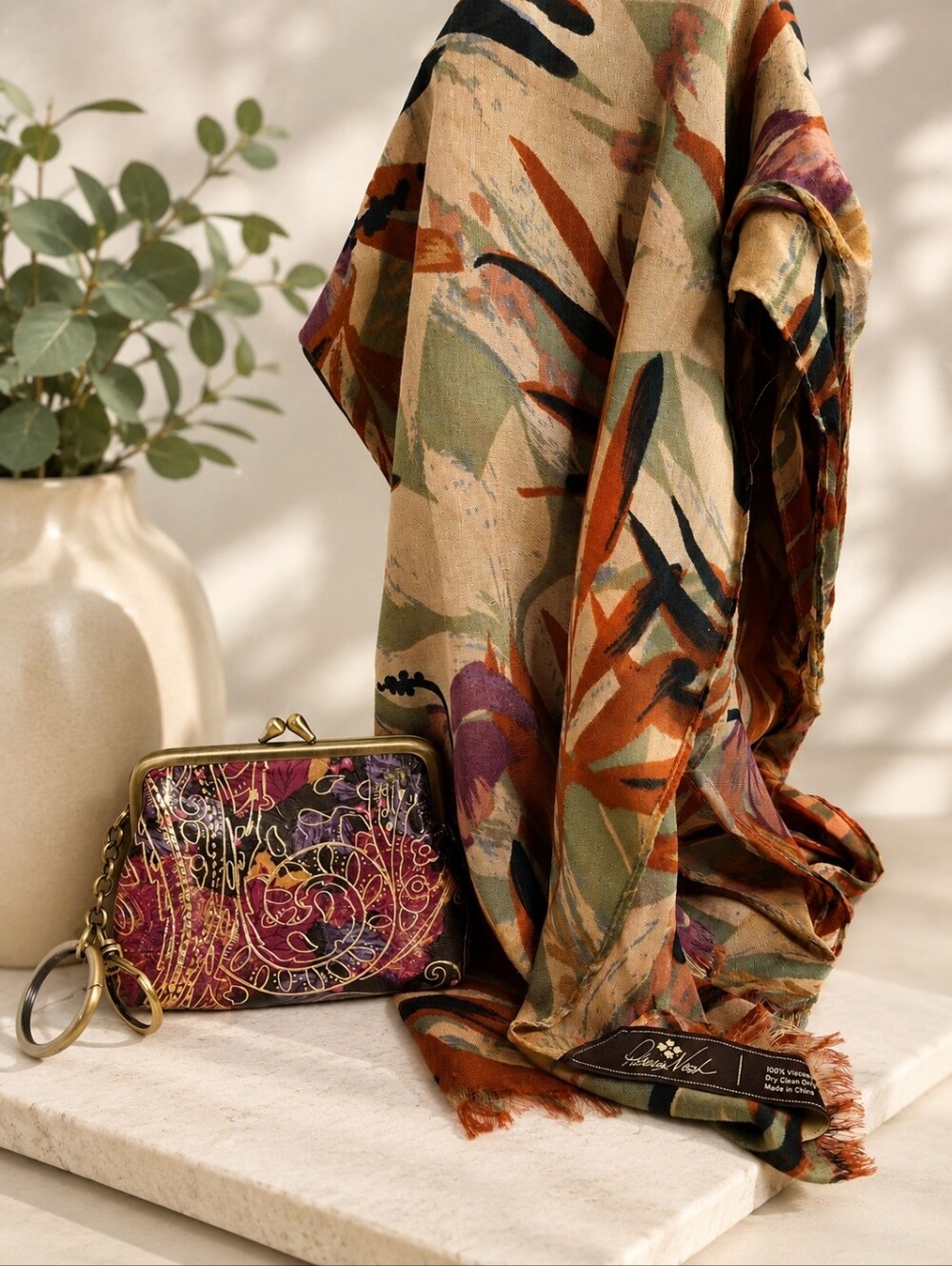 Patricia Nash Borse Leather Kiss Lock Coin Purse Key Ring + Floral Scarf Set